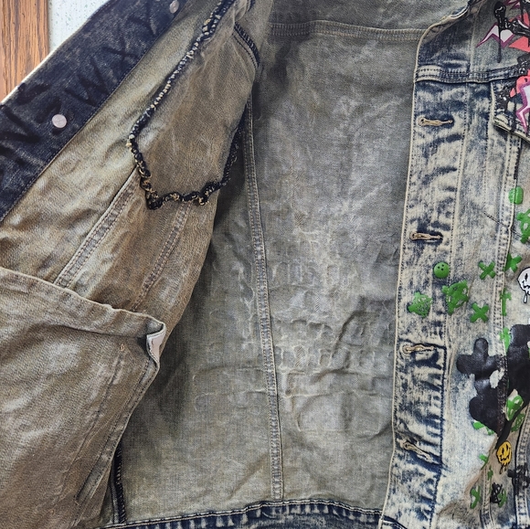 Smoke Rise Graffiti Denim Jacket L Sheffield Embroidered Paint Goth Grunge Clean - Picture 7 of 11